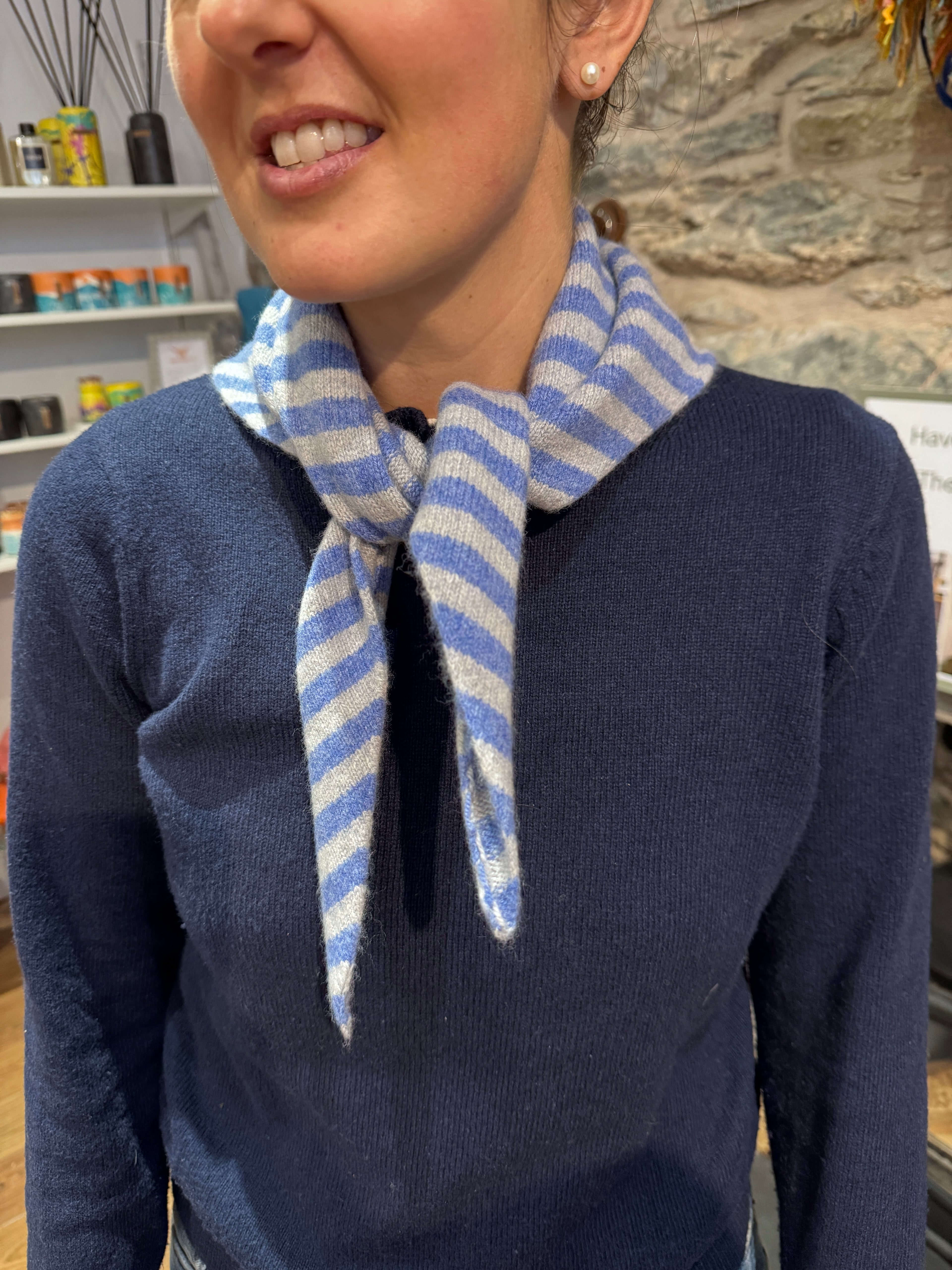 Scarlet Knitwear Grey/Blue Stripy Triangle Scarf